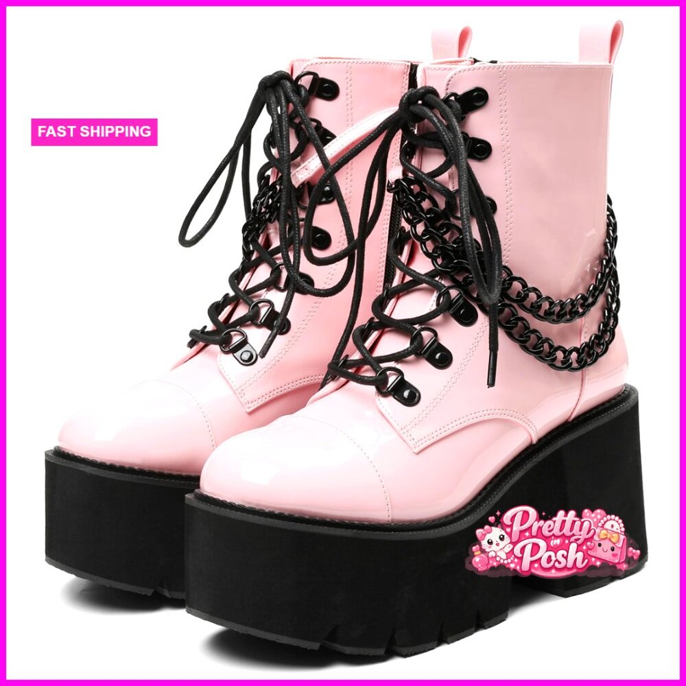 Leather Combat Ankle Boots With Platform Wedge Heel & Chain Embellishment